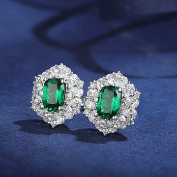 Green Cushion Halo Clear Stud Earrings White Metal Alloy