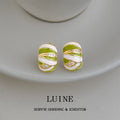 Gold Tone Green White Enamel And Clear Stone Stripe Chunky Stud Earrings view 3