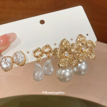 Gold Flower Baroque Pearl Drop Stud Earring Six Piece