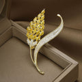 Golden Wheat Ear Brooch with Clear Crystal Curved Leaf view 2