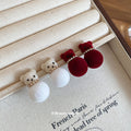Velvet Bear and Pom Pom Stud Earrings in Red and White view 4
