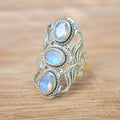 Three Opalescent Oval Stone Ornate Ring Antiqued Silver Tone view 2