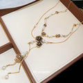 Gold Tone Layered Black Flower Pearl Drop Necklace view 4