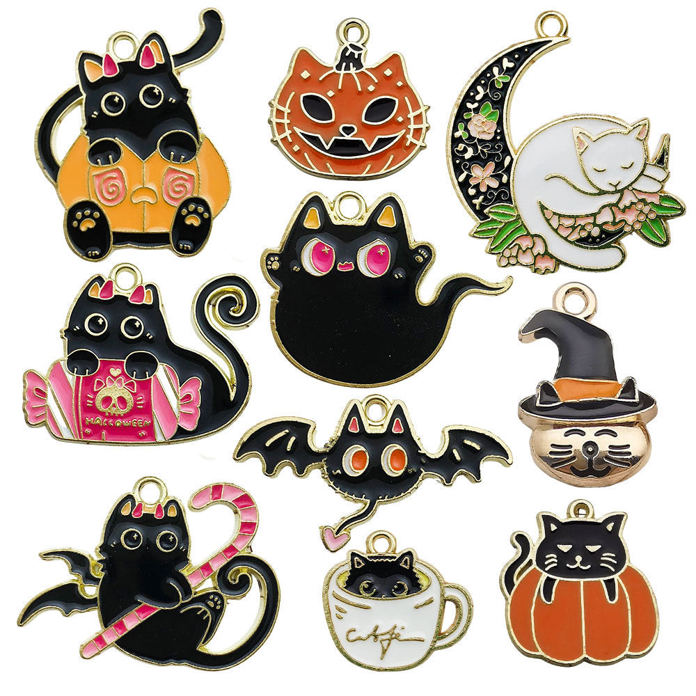 Zinc Alloy Pumpkin Bat Candy Ghost Black Cat Charm Pendant for DIY Halloween Jewelry