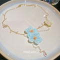 Blue Floral Beaded Necklace with Pearl Like Drops and Gold Tone Chain view 2