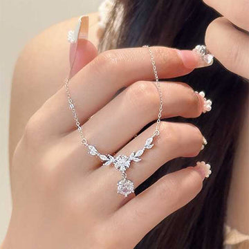 Silver Tone Crystal Flower Drop Pendant Necklace Statement Jewelry