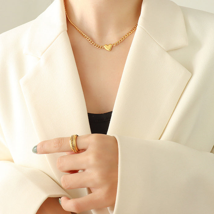 Heart Pendant Cuban Curb Chain Necklace Gold Steel Tone