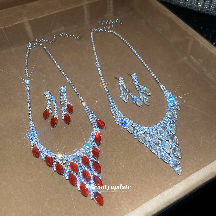 Red and Clear Marquise Crystal V Necklace Earring Sets