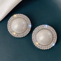 Silver Tone Round Faux Pearl Halo Stud Earrings with Clear Stone Accents view 2
