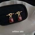 Gold Tone Knot Stud Earrings Burgundy Enamel Drops view 4