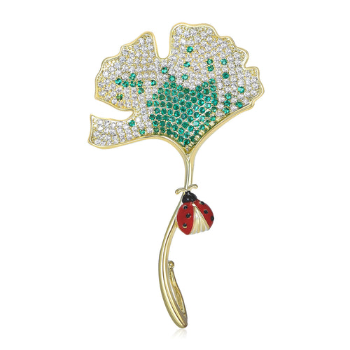 Angled view of the ginkgo leaf dangle brooch