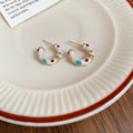 White Enamel C Hoop Stud Earrings with Multicolor Dots view 6