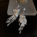 Gold Crystal Fan Pearl Tassel Drop Earrings Polished Metal Jewelry view 6