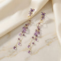 Purple Floral Vine Gold Tone Long Dangle Stud Earrings view 3
