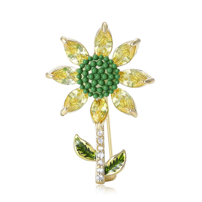 Front view of Yellow and Green Crystal Sunflower Stem brooch