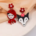 Red Hood and Gray Wolf Cartoon Acrylic Dangle Earrings view 2