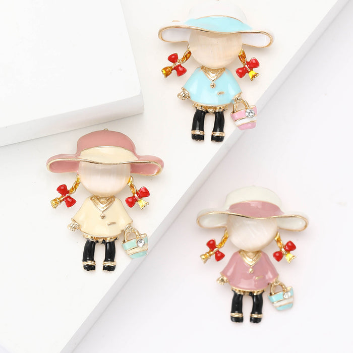 Enamel Girl Hat Bag Brooch Pink Cream or Blue Outfit Pin