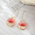 Gold Tone Round Clear Resin Pressed Flower Long Wire Earrings view 4