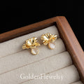 Gold Tone Champagne Stone Flower And Clear Round Stud Earrings view 1