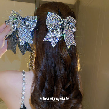 Large Crystal Mesh Bow Hair Clip In Black Iridescent Or Silver