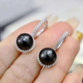 Silver Tone Black Pearl Round Drop Earrings Polished Metal Jewelry view 2