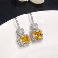 Yellow Square Stone Halo Drop Earrings in Silver Tone view 4