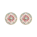 Gold Tone Pink Green Patterned Round Medallion Stud Earrings view 5