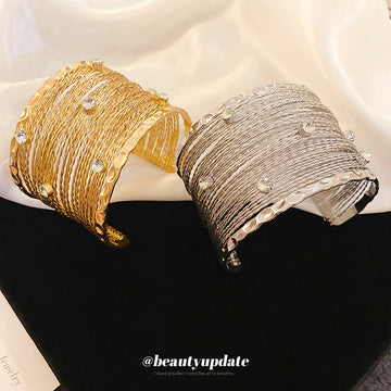 Layered Fine Wire Wide Cuff With Clear Crystals In Silver Or Gold Tone