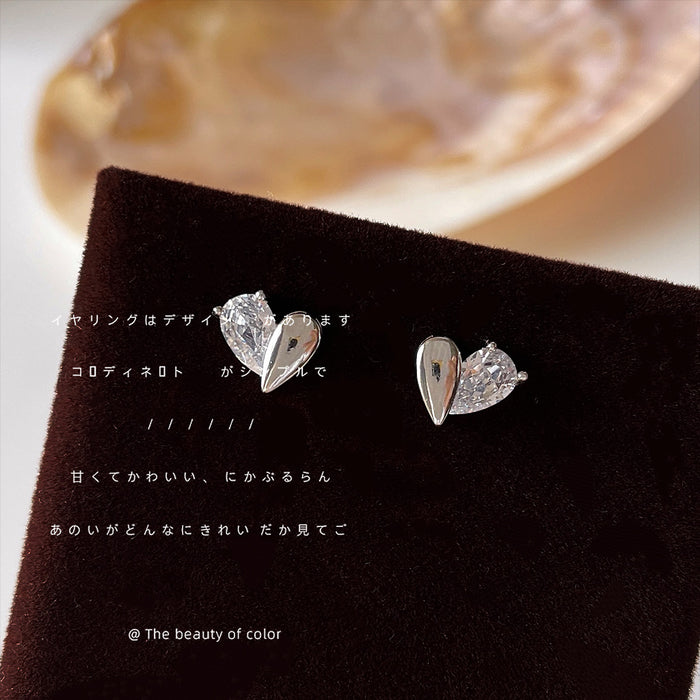 Silver Mini Heart Stud Earrings Clear Stone Metal Half