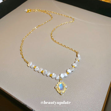 Gold Baroque Pearl Oval Moonstone Pendant Necklace