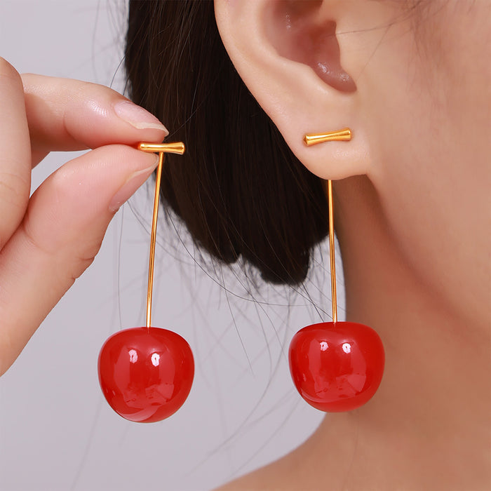 Glossy Resin Cherry Drop Earrings Gold Stainless Steel Stem