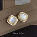Gold Tone Square White Cat Eye Clear Stone Halo Stud Earrings view 4