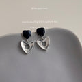 Black Enamel Heart Drop Earrings Silver Open Heart Dangles view 4