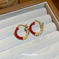 Gold Tone Red Enamel Floral Hoop Earrings Jewelry Pair view 2