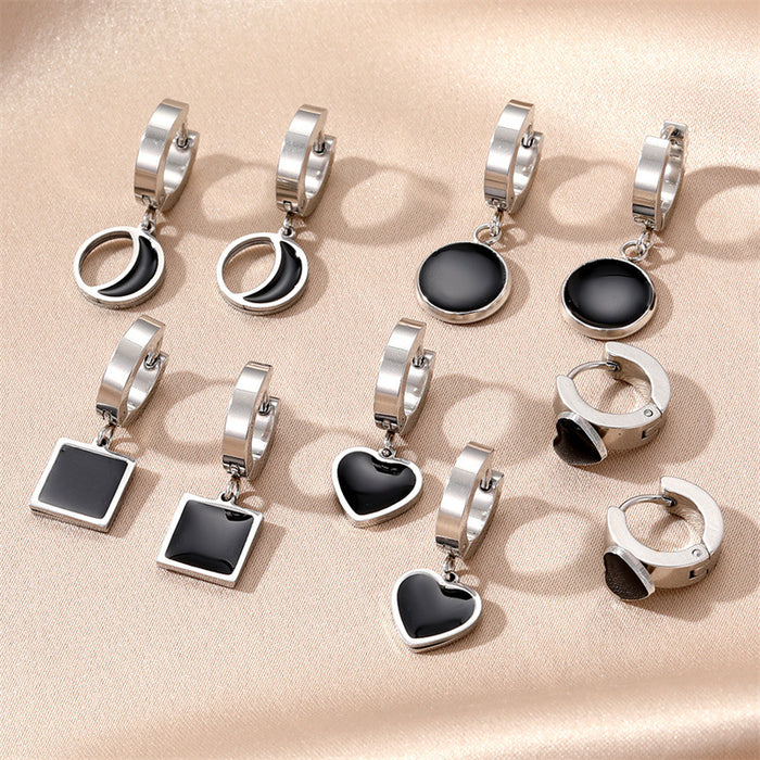 Silver Tone Black Geometric Huggie Drop Earrings in Five Designs
