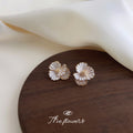 White Enamel Iris Flower Stud Earrings Gold CZ Leaf view 4