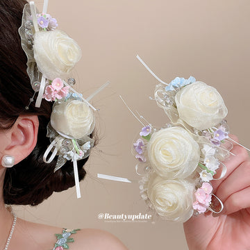 Cream Organza Rose Duckbill Hair Clips Five Floral Accents