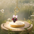 Pink Bow Three Cherry Charms Gold Heart Clasp Keychain view 3