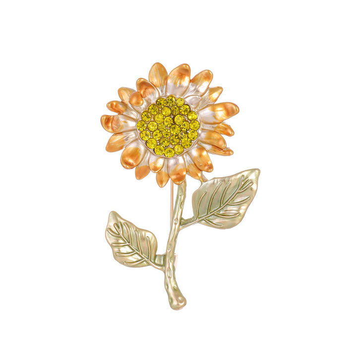 Yellow Gold Tone Sunflower Crystal Enamel Two Designs Metal Brooch Pin