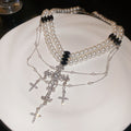 Layered White Pearl Necklace with Silver Tone Cross Charms view 6