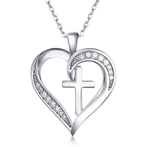 White gold open heart cross pendant with crystal pave on chain