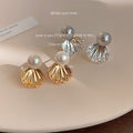 Pearl Shell Fan Metal Stud Earrings Gold Silver Pair view 1
