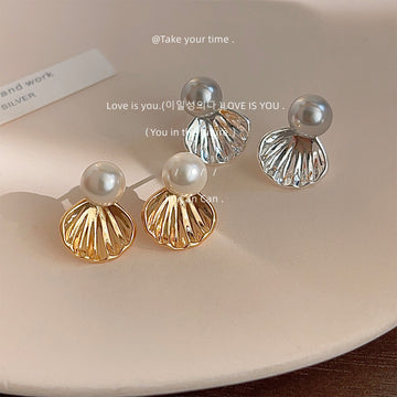 Pearl Shell Fan Metal Stud Earrings Gold Silver Pair