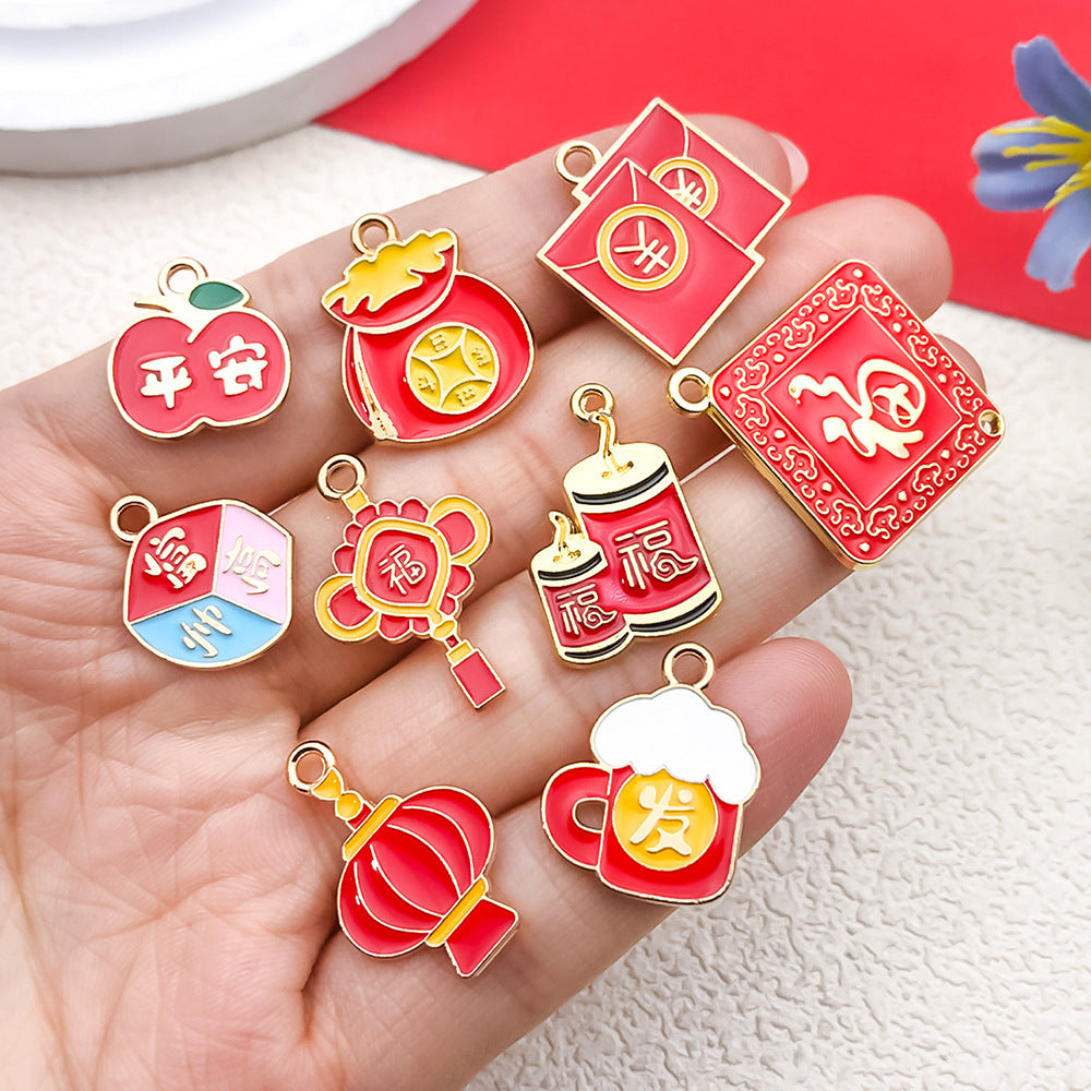 Enamel Zinc Alloy Red Envelope Fu Lantern Tag Charm Pendant for DIY New Year Jewelry