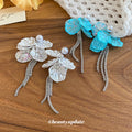 Layered Flower Tassel Earrings in White and Blue Earring Pair view 4