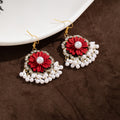 Red Flower Clear Halo White Bead Fringe Hook Earrings view 6