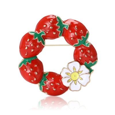 Red Strawberry Wreath Enamel Brooch isolated front view