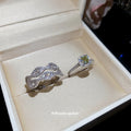 Silver Open Rings Wave Crystal And Green Square Stone view 4