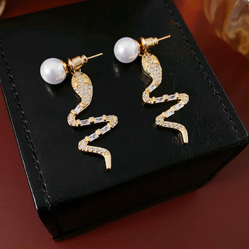 Gold Crystal Snake Drop Pearl Stud Earrings Jewelry Accessory