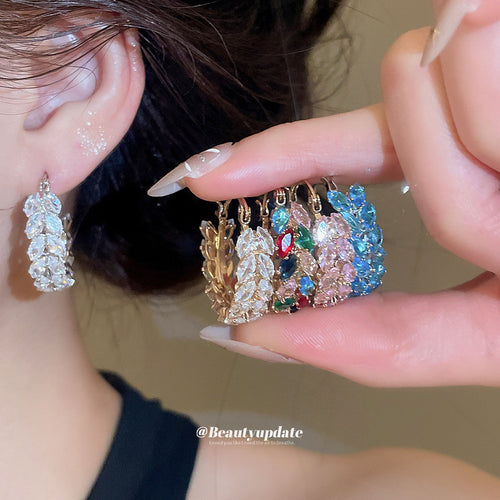 Crystal Wheat Leaf Hoop Earrings in Five Color Finishes — close-up worn view